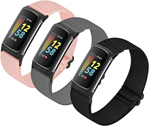 HUYIIO 3-pack justerbara elastiska klockarmband kompatibla med Charge 5/Charge 6 remmar, mjukt andningsbart sportband i nylon stretchigt ersättningsarmband för kvinnor män, Ingen ädelsten