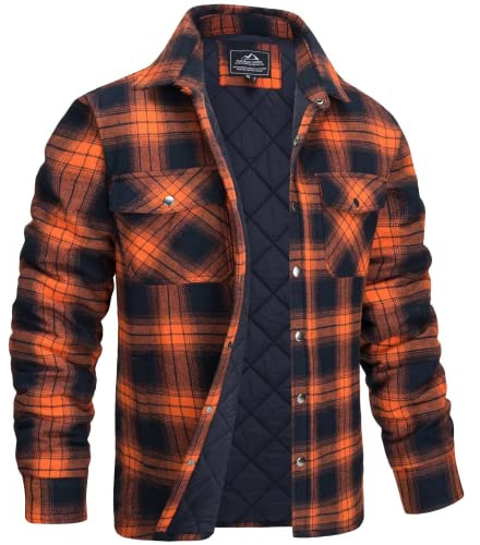 MAGCOMSEN Herren Karo-Jacke Gefüttert Hemd Winterjake Warm Flanell Arbeitshemden Jacke Karierte Hemdjacke Winter Lumberjacket, Orange 3XL