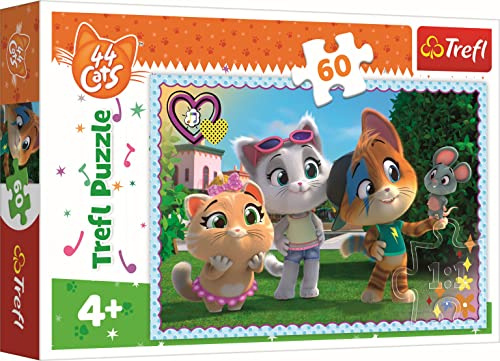 Trefl - 44 Cats, Spaß mit Freunden - Puzzles 60 Teile - Bunte Puzzles mit Märchenfiguren 44 Katzen, kreative Unterhaltung, Spaß für Kinder ab 4 Jahren