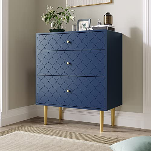 LERFAN Commode métal bleu marine 3 tiroirs bois FSC - Buffet haut - Armoire rangement chambre à coucher espaces de vie - H 89 x L 75 x P 40 cm