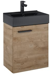 VBChome Badmöbel Set 45 cm Schwarz Matt – Waschbecken mit Holzfarbener Hängeschrank, Badezimmerschrank mit Soft-Close Unterschrank Moderner 1-türiger Waschtisch Mattschwarze Keramikwaschbecken Elegant