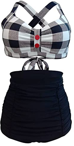 Viloree Dam retro hög midja tvådelad baddräkt tvådelad uppsättning magkontroll grimma bikini set, Svarta plattor, L