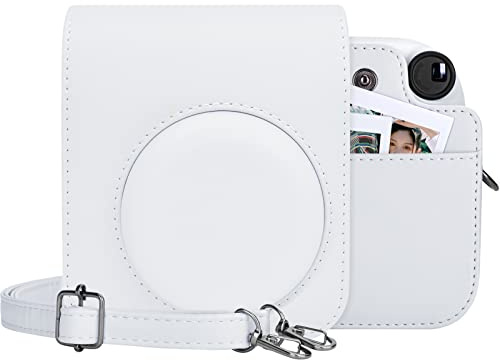 MUZIRI KINOKOO Fuji Instax Mini 12 Housse - Cuir PU Étui de Protection pour Instax Mini 12 Caméra - avec Poche Photo pour Stocker Les Photos & Bandoulière Réglable - Blanc