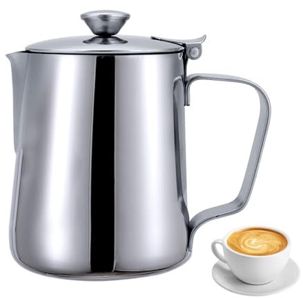 Milchkännchen Mit Deckel, 350ml Handheld Milchkännchen Edelstahl, Mit Anti Tropf Düsen Und Ergonomischer Griff Milchkanne Für Espresso, Cappuccino, Latte, Barista, Milchkanne Barista