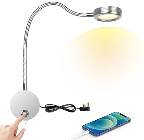 ERWEY Wall Reading Light - LED Bedside Lamp with Touch Button, 3000-6000K, 4W Bed Lamp, 360°Flexible Gooseneck, USB Charging, Silver