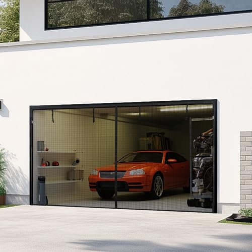 LOOBANI Magnetic Garage Door Screen 10x8 Ft: Heavy Duty Garage Screen Door for 1 car Garage, Retractable Roll Up Garage Net Screen for Patio, Hand-Free, Easy Install, Keep Bugs Out & Air in