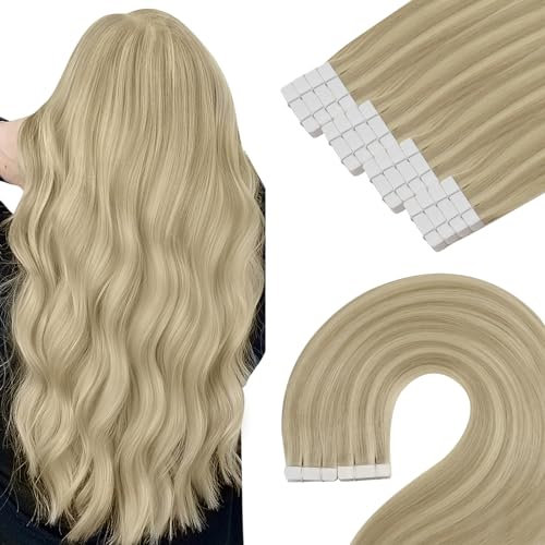 YoungSee Tape Extensions Echthaar Blond Echthaar Tape in Extensions 55cm Goldblond mit Blond Echthaar Extensions Tape Haarverlangerung Echthaar Tape Hair Extensions Tape in Skin Weft 50g #16/22
