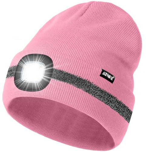 ATNKE LED Mütze mit Licht, Wiederaufladbare USB 4 LED Beleuchtete Laufmütze Extrem Heller Lampe Winter Warme Stricken Mütze mit Reflektierendem Streifen für Herren und Damen Geschenke