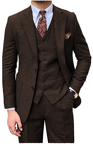 Tiavllya Herren Tweed Anzug 3-teilige Vintage Herringbone Wolle Regular Fit Formelle Smokings Hochzeit Anzüge für Herren （S, Kaffee）