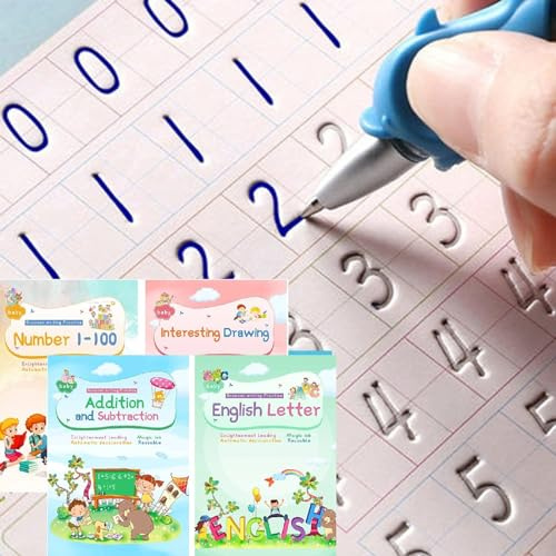 Quaderni magici per la pratica della scrittura a mano Pratico quaderno magico per la scrittura, penna magica per l'aiuto alla scrittura, quaderno riutilizzabile con design a scanalature per bambini (4