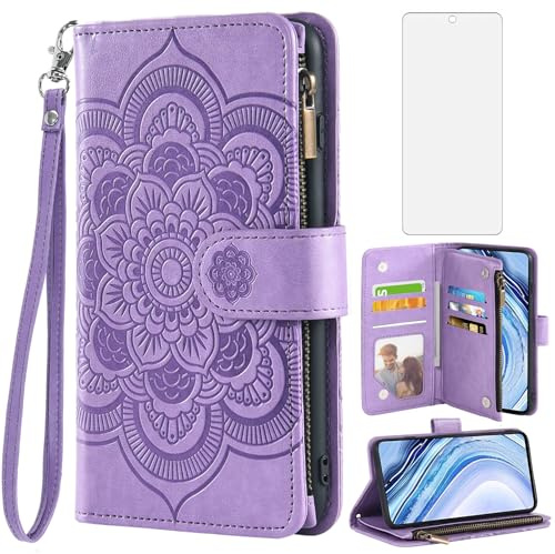 Asuwish Funda para Xiaomi Redmi Note 9 Pro/Note 9s/Note9 Pro MAX/Poco M2 Pro con Cristal Templado Protector Pantalla Libro Cuero Piel Tarjetero Soporte Note9S Note9Pro 4G Tapa Carcasa Capa Case Lila