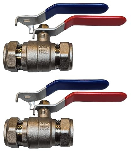 TC Pack of 2 x 22mm Lever Ball Valve Full Bore Compression Isolation Valve Red/Blue Dual Handle Shut Off Isolating Valve Full Flow - WRAS Approved