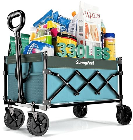 SunnyFeel 110L Heavy Duty Collapsible Outdoor Utility Wagon Cart 330LB Capacity Adjustable Handlebar,Foldable Beach Wheels Stable Oxford Fabric for Shopping Garden Camping (Blue 28 * 18 * 36 Inch)