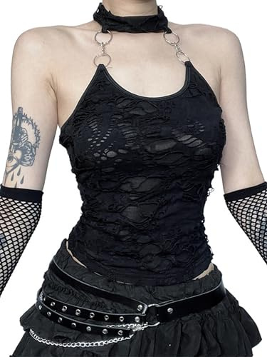 YINGWIN Damer crop top sliten transparent nackhållare topp damer gotiska kläder damer, svart, XXL