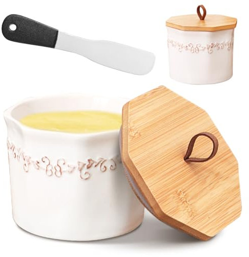 Burriera in ceramica con coperchio, in stile francese, per burro aromatizzato, colore bianco, con spatola per burro