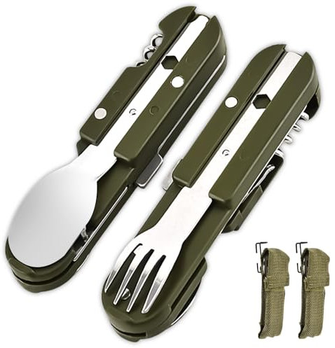 Lot de 2 couverts de camping pliants en acier inoxydable 5 en 1 - Ouvre-bouteille - Couverts de camping comme couteau, fourchette, cuillère - Couverts portables