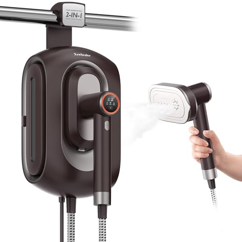 Newbealer Stazione di stiratura a vapore, 1600 W, per vestiti, 3 livelli di vapore, piastra a riscaldamento rapido da 30 secondi, serbatoio dell'acqua da 1,2 l, design salvaspazio con montaggio a