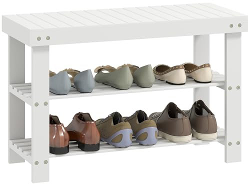 HOMCOM Banco Zapatero de Bambú Zapatero con Asiento Organizador de Zapatos de 3 Niveles para 6 Pares Zapatos para Entrada Salón Dormitorio 70x28x45 cm Blanco