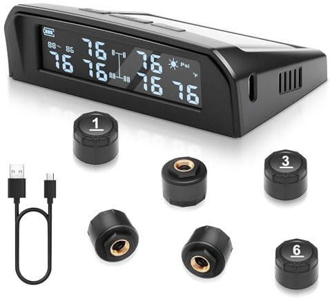 KAOLALI TPMS Reifendruckkontrollsyste mit 6 Sensoren, Reifendruckkontrollsystem für Wohnmobile, 0.01Bar Hohe Präzision, Solarladung und USB-Ladefunktion, 9,9 Bar/144 PSI Max, 6 Alarmmodi, für RV LKW