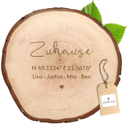 HOFMEISTER® Personalisierte Baumscheibe zum Einzug, Hausbau & Richtfest – Motiv Zuhause & Wunschtext – Türschild Freunde, Nachbarn & Familie – Geschenk aus Erlenholz – ca. 20 cm