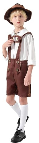 Oktoberfest,Costume Provencal Enfant Ensemble Déguisement Enfant Allemand 3 Pièces: Chemise Manches Courtes + Lederhosen + Chapeau - Costume Fête de la Bière Mixte Carnaval Cosplay