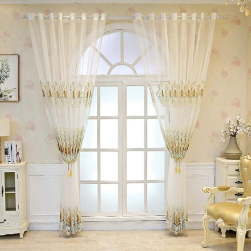 Cortinas traslúcidas bordadas florales vintage de 223,5 cm de largo, 2 paneles con ojales, para privacidad, 170 x 225 cm, tela de poliéster ligera