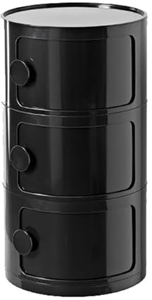 Black Round Nightstand with Drawers - Small Bedside Cabinet 3-Tier Storage Table with Sliding Doors for Bedroom Living Room Bathroom - Compact Plastic Chest