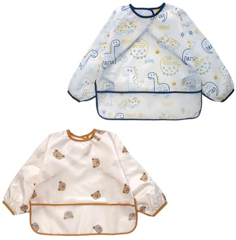 2 Pezzi Bavaglini con Maniche Impermeabile Bavaglino a Manica Lunga Grembiule Pappa 8-36 Mesi, Grembiule per l'Alimentazione del Bambino, Sacca Di Riso Stampata, Facile da Pulire