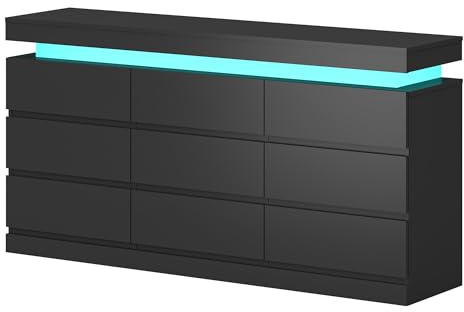 6/9 Drawers Wooden Chest of Drawers with LED Lights, Wide Lateral Dresser Cabinet No Handle Sleek Design Clothes Storage Organiser Unit Bedroom Furniture (Black, 9 Drawers)
