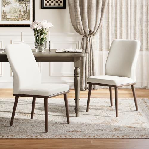 MALOL Upholstered Dining Chairs Set of 2, Modern Kitchen Chairs with High Back, Padded Fabric Dining Room Chair with Solid Wood Legs for Restaurant/Cafe/Home, Beige