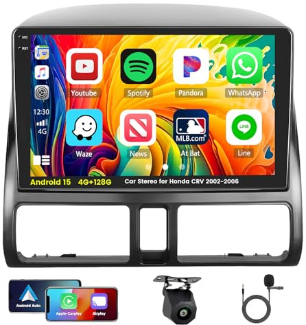 Inefala 4G+128G Autoradio Android 15 para Honda CRV 2002-2006 | Pantalla Táctil de 9, Wireless CarPlay, Android Auto, GPS, WiFi, RDS/FM, BT, EQ, SWC, Cámara Trasera, MIC