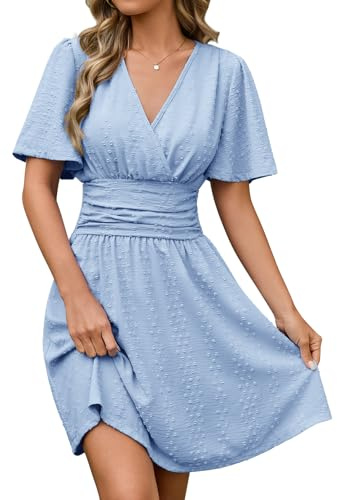 CMTOP Vestidos Mujer Verano Manga Corta Casual Cuello en V Vestido Cintura Alta Elástica Elegante Vestido Línea A Color Sólido Fiesta en la Playa (Azul, M)