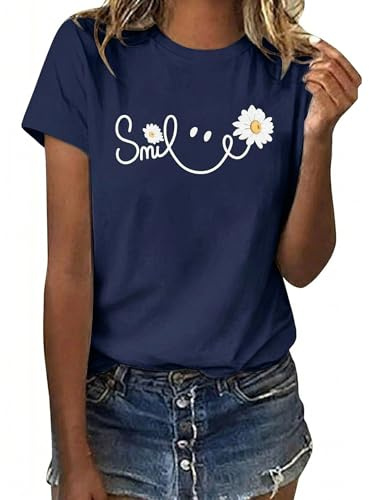 CMTOP T Shirt Damen Kurzarm Rundhals Oberteil Sommer Sonnenblumen Bedrucken Tshirt Baumwolle Casual Lockere Shirts Tops Basic Tee Shirts Elegant Tunika Bluse (Marineblau-DNY, XL)