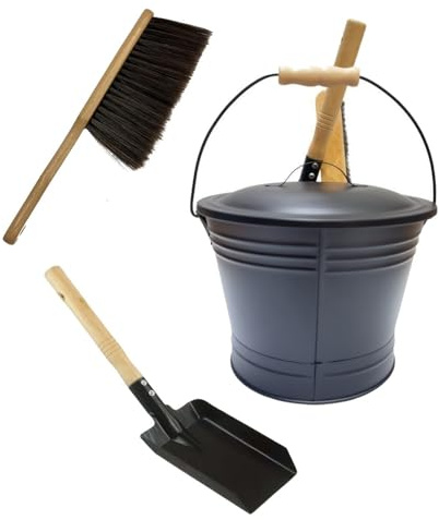 Ascheeimer für Kamine, runder Holzkohlebehälter mit Schaufel und Bürste, für Kamine, Öfen, Grills, Außenbereich, Ascheeimer, Behälter mit Schaufel und Bürste, Griffwerkzeug für eine effiziente Wartung