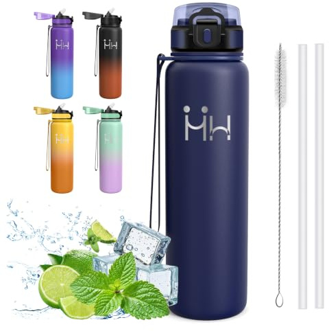 Borraccia Termica, Borraccia 1 litro, Senza BPA, Borraccie con Cannuccia, Senza Perdite, Borraccie Acciaio Inox, con Spazzolino per Cannuccia, Borracce per Arrampicata, Pilates, Fitness