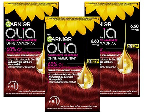 Garnier Olia Tinte permanente para el cabello sin amoníaco, con aceites nutritivos y naturales, cobertura total del cabello gris, coloración permanente, n.º 6.6, rojo intenso, 3 x 1 pieza