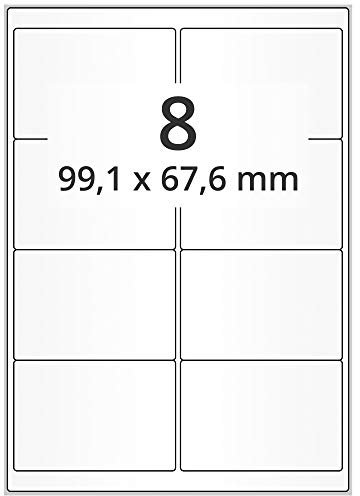 Inkjet Etiketten hochglänzend - 99,1 x 67,7 mm - 800 Papier Haftetiketten auf 100 Blatt, DIN A4 Bogen für Laser und Inkjet, glossy, weiß