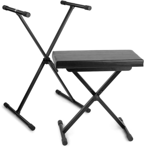 Vonyx set soporte y banco teclado ajustable | Altura regulable, asiento acolchado, antideslizante, plegable, fácil de transportar, ideal para casa o escenario