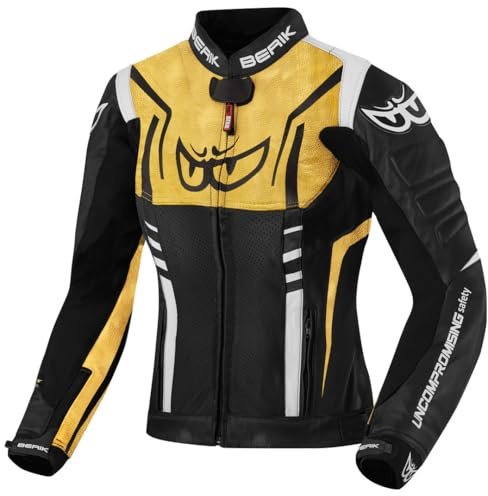 Berik Striper Blouson en cuir de moto pour femmes, noir/blanc/doré, 38