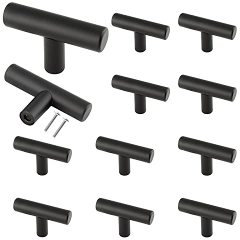Cjueiom 12 Pack Matt Black Cupboard Knobs - 50mm Length T Bar Handles, Stainless Steel Drawer Pull Handles for Kitchen Cabinet, Wardrobe Door, Bedroom Closet