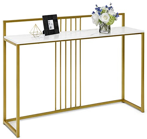 LIFEZEAL Tavolo Console Oro, Tavolo Consolle in Legno, Tavolo Sottile da Ingresso, Effetto di Marmo, Gambe in Metallo, Barra Anticaduta, per Soggiorno, Corridoio, Peso Max 20 kg, 120x32x88 cm (bianco)