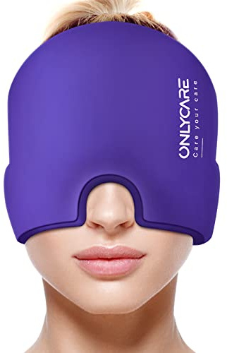 ONLYCARE Migräne Maske, Upgraded Kühlmaske Schlafmaske Kühlmütze Kühlhaube | 360° Gel Surround kühlpads zur Linderung von Migräne, Kopfschmerzen, Druck (Lila)