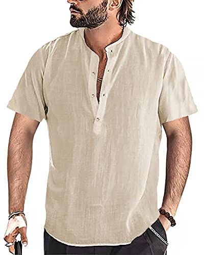 YAOBAOLE Chemise Lin Homme Manches Courtes Chemise Legere Homme Été Chemises Henley Hommes Chemises en Lin Col Mao Kaki 2XL