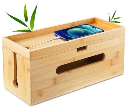 Otoomenz Bamboo Cable Management Box, Cable Tidy Box Wood Cable Management Organiser Box for Cables/Power adapters, Cable Storage Box Suitable for Organising Home and Office (1 Pack)