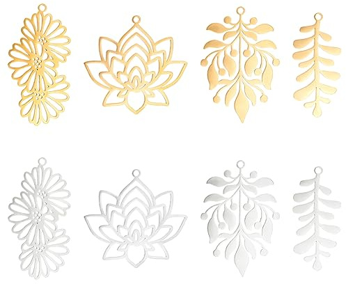 UNICRAFTALE 8pcs 4 Styles 2 Colors Hole 1.6mm 201 Stainless Steel Charms Metal Laser Cut Flat Hollow Lotus Leaf Flower Plant Pendants Drop Dangle Earrings Charms for DIY Necklace Jewelry Making