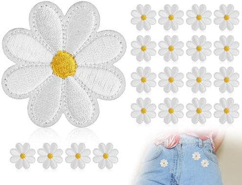 KAPSING 20 Stück Gänseblümchen Patches zum Aufbügeln, Weiß aufbügelflicken, Flicken zum Aufbügeln, Patches Klett für DIY Handwerk Dekoration
