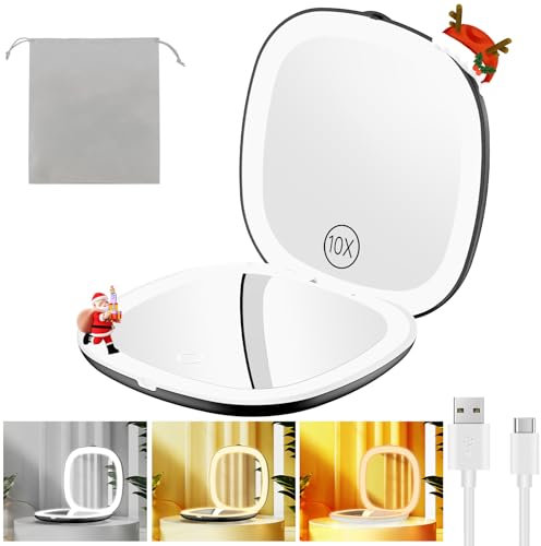 Gospire 3.9 Wiederaufladbar Taschenspiegel mit 1X/10X Vergrößerung, 3 Lichtfarben & Einstellbarer Helligkeit, LED Reisespiegel Klein Schminkspiegel Klappbar Taschenspiegel für Frauen Mädchen, Schwarz