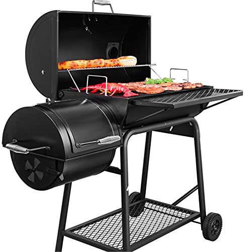 RajoNN Holzkohlegrill BBQ Smoker Griller mit Zwei Regalen und Rad für Outdoor-Picknick Camping Terrasse Hinterhof Kochen, Schwarz