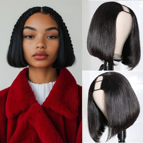 Parrucca a caschetto a U da 35,5 cm, senza colla, da donna, facile da indossare, senza grovigli, uso quotidiano, pronta per le vacanze, colore nero naturale, protegge l'attaccatura dei capelli con