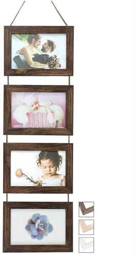 NEOWS Set Cornici Foto Multiple da Parete con Corda - Portafoto Multiplo Decorativo con Cornici in Legno - Collage Foto da Appendere al Muro- Cornici 10x15 cm (Legno Invecchiato, 4 Foto Orizzontale)